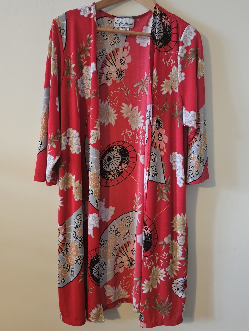 Vintage 90s Y2K Carolyn Strauss Red Asian Fan And Floral Print Open Cardigan  1x